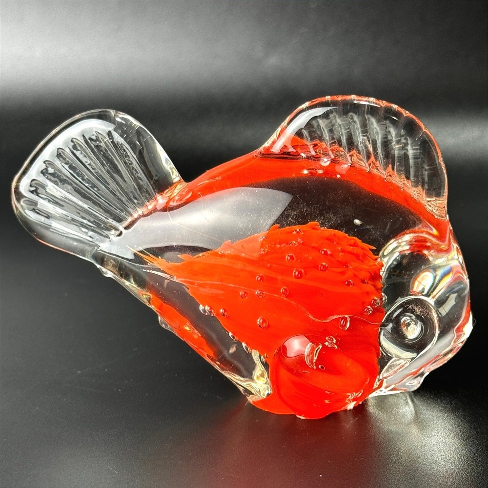 Vintage‎ Art Glass Tropical Fish Figurine Paperweight Orange Controlled Bubbles